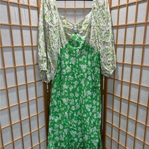 RIXO Green and White Floral Long Sleeve Dress